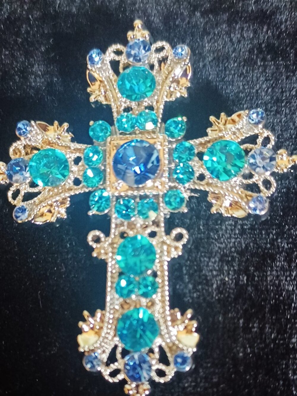 Blue & Clear Crystal Rhinestone Cross Brooch